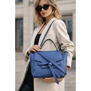 Annabel Ingall Blue Pebbled Leather Belted Satchel Top Handle Crossbody Bag